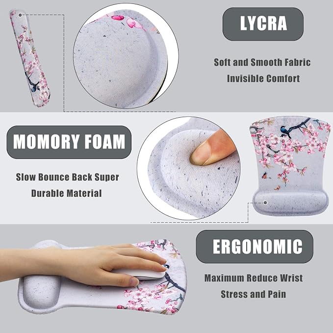 Ergonomic Keyboard Mouse Pad Set with Wrist Rest Support, Memory Foam Hand Rest Wrist Cushion Set for Laptop/Notebook/Desktop/Computer/Gaming/Office/Desk, Easy Typing & Pain Relief(Bird & Pink Flower) - Image 3