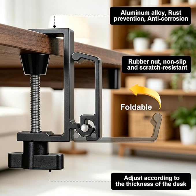 2PCS Foldable Headset Holder, Headphone Stand for Desk with Heavy Duty Aluminum Alloy, Adjustable Desk Clamp Holds Up to 22 lbs, Space Saving Headphone Hanger for desk office, Headphone Accessories - Image 3