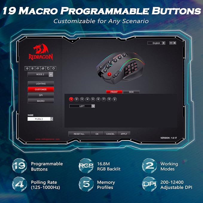 Redragon Gaming Mouse, MMO Gaming Mouse UP 12400 DPI, 19 Macro Programmable Buttons, RGB Mouse with 12 Side Buttons, 8 * 2.4g Weight Tuning for PC Laptop MOBA FPS, White - Image 3