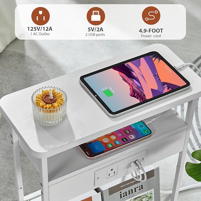 YEAKOO Narrow Side Table with Charging Station, 3-Tier End Table with 2 USB Ports & Power Outlets,Thin Sofa Side Table for Narrow and Small Spaces, Bedside Table Nightstand for Living Room,White - Image 4