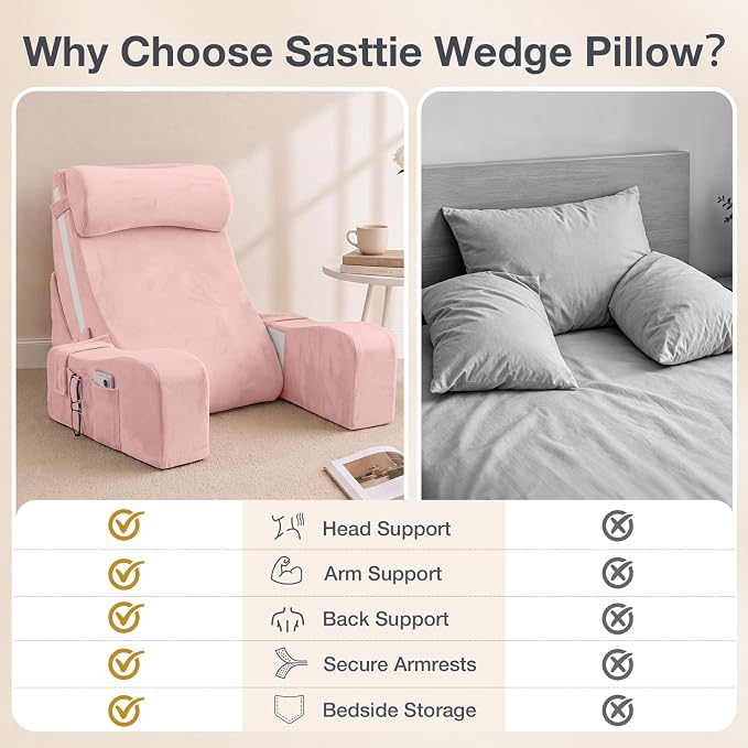 Sasttie 15-25 inch Adjustable Reading Pillow with Armrests, Pink | Back Rest Pillow with Secure Side Straps, Memory Foam Back Support Cushion Bed Chair for Reading, Gaming & Relaxing - Image 6