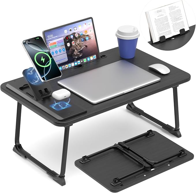 Lap Desk Bed Table with Wireless Charger - Foldable Large Laptop Tray with Tablet Slot and Book Shelf, No Assembly Table for Couch Chair Floor for Sturdy, Writing, Studying Eating, and WFH by Unknown