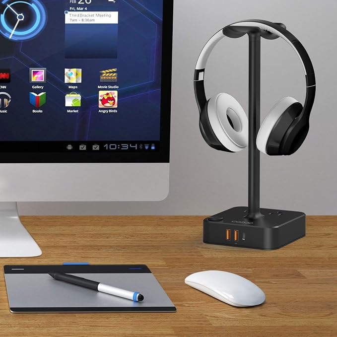 cozoo Headphone Stand with Charger for Desk, Gifts for Gamers Men, Black | Gaming Headset Stand Holder for Desk, 3 USB(1 USB C) and 2 AC Outlets Charging Ports, Headphone Hanger, Gamer Gifts for Men - Image 7