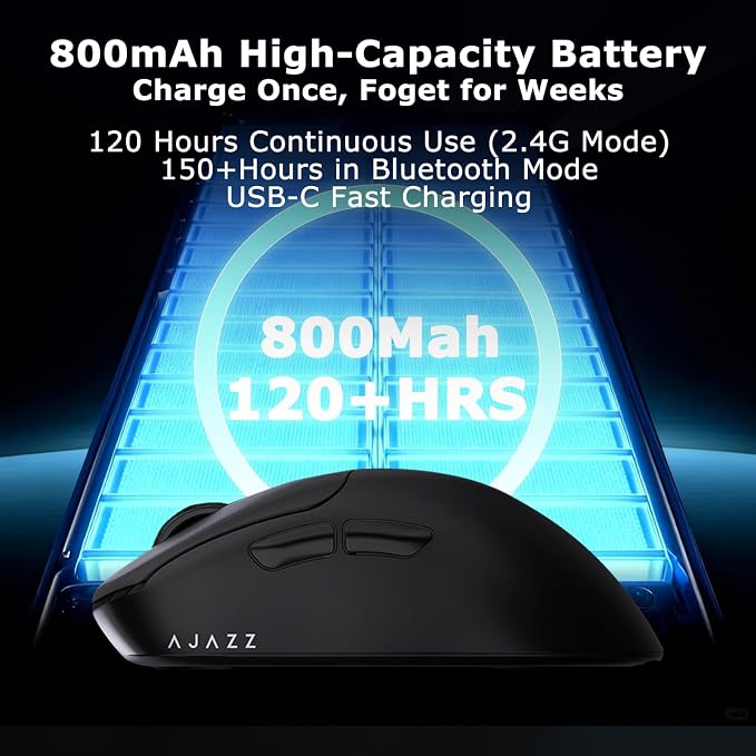 AJ179 V2 Wireless Gaming Mouse, Tri-Mode 2.4G/Bluetooth/Wired, 800mAh Battery Inside a 61g Ultra-Light Shell, 24000 DPI, 6 Programmable Buttons, Right-Handed Ergonomic, On-Board Memory – Black - Image 3