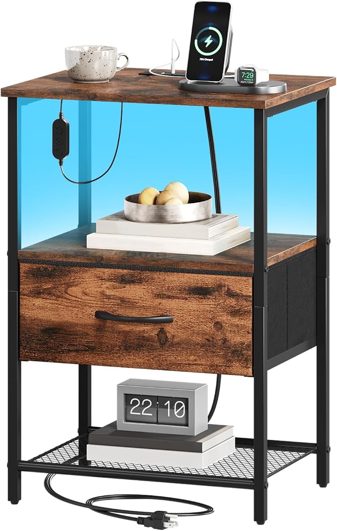 Somdot Nightstand with Charging Station & LED Light, Bedroom Bedside Table by Somdot