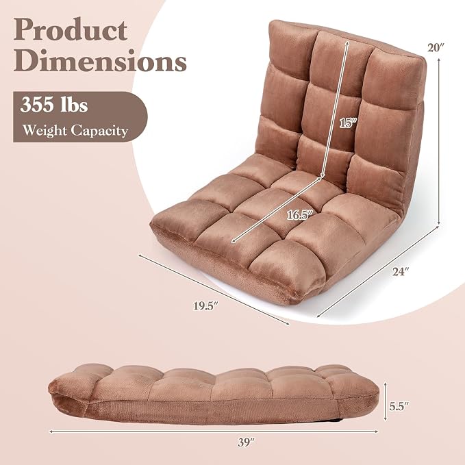 GIANTEX Floor Chair with 14-Position Adjustable, Couch Recliner (Beige) | Soft Flannel Fabric Cover, Heavy Duty Metal Support, Folding Gaming Floor Chair for Adults, Reading - Image 2