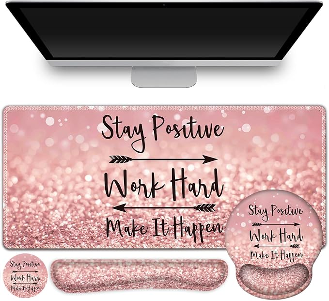 ToLuLu Desk Mat, XXL Large Mouse Pad Wrist Support Set，4 in1 Gaming Mousepad Desk Pad+ Ergonomic Mouse Pad with Wrist Rest + Keyboard Wrist Rest+Coaster for Women Home Office Table, Pink Stay Positive by ToLuLu