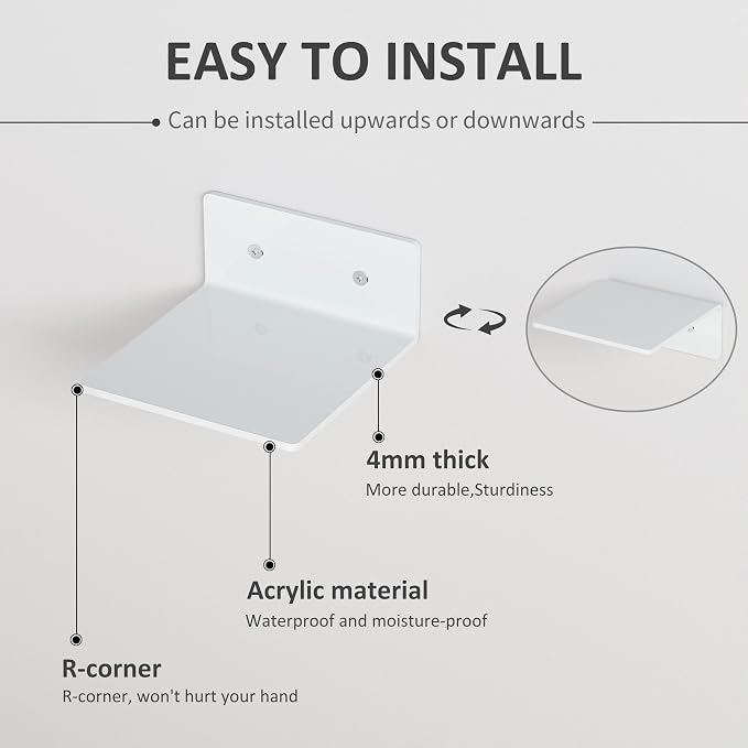 6 Inches White Acrylic Wall Shelves Set of 4, Moisture-Proof, Wall Mounted Storage Display Shelves for Gaming Room, Living Room, Bathroom, Office, Store, Heavy Duty, 4 Pack - Image 4