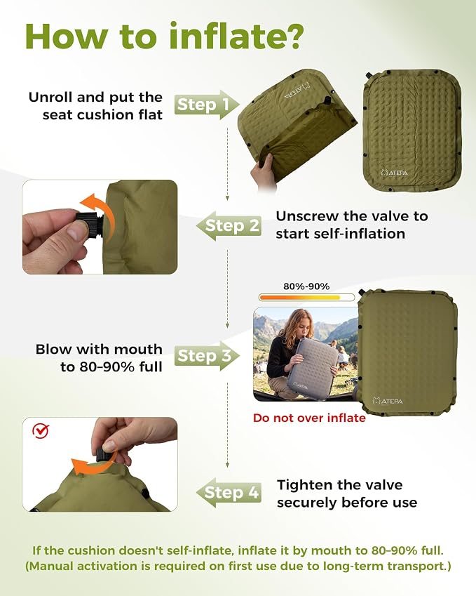 ATEPA Inflatable Seat Cushion | 2" & 2.5" Foam Core Seat Pad, Compact, Stadium, Airplane, Travel, Camping, Hiking, Sports Events, Self Inflating - Image 4