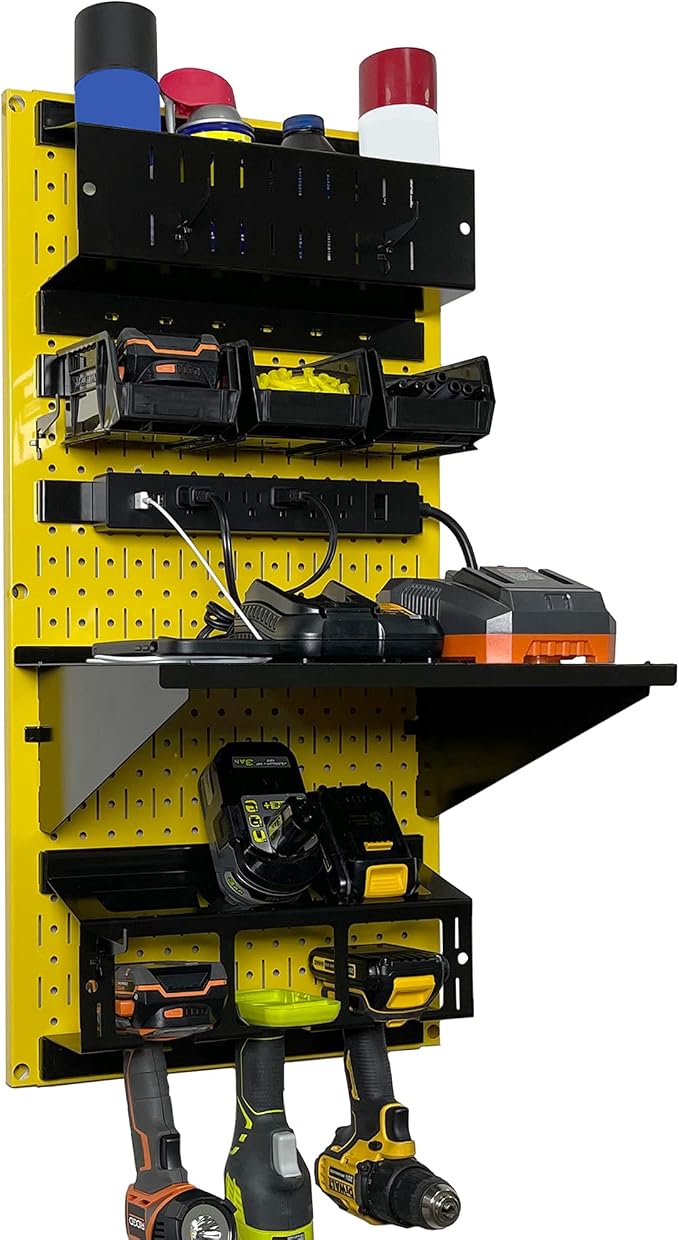 Wall Control Power Tool Storage Organizer Kit Cordless Drill Holder Charging Station Rack 16” x 32” Metal Pegboard Organization System (Yellow Pegboard) by Wall+Control