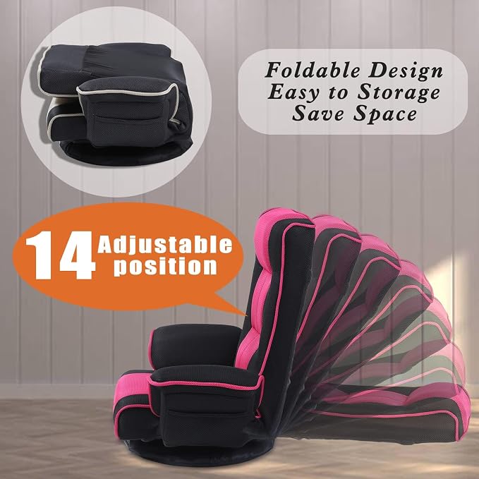 360° Swivel Floor Chair with Armrests, 14-Position Adjustable Floor Lounger for Adults, Foldable Reclining Chair for Living Room & Bedroom - Image 3