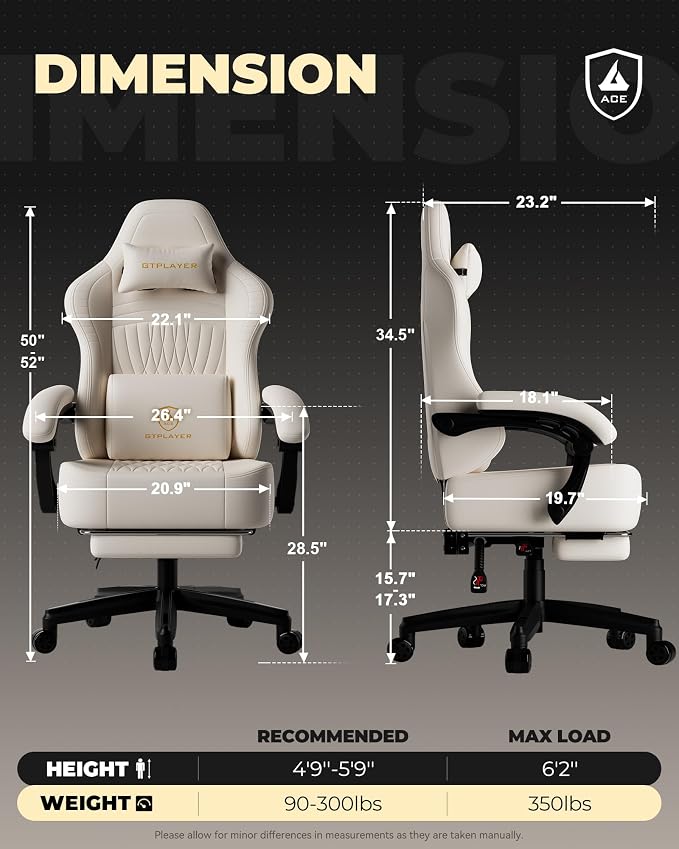 GTPLAYER Gaming Chair, Video Game Chairs with Footrest, PC Gamer Chairs for Adults - Padded High Back Ergonomic Reclining Silla Gamer, Linkage Armrest, Ace Pro, Ivory - Image 2