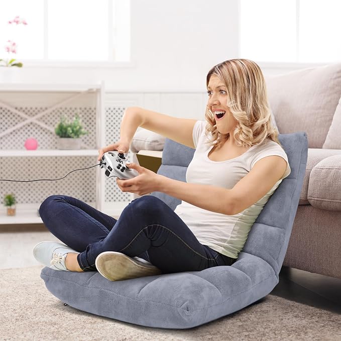 14-Position Floor Sofa, Folding Gaming Sofa Chair, Comfy Cushions & Study Steel Frame, Angle Adjustable Sleeper Bed, Couch Recliner (Grey) - Image 3