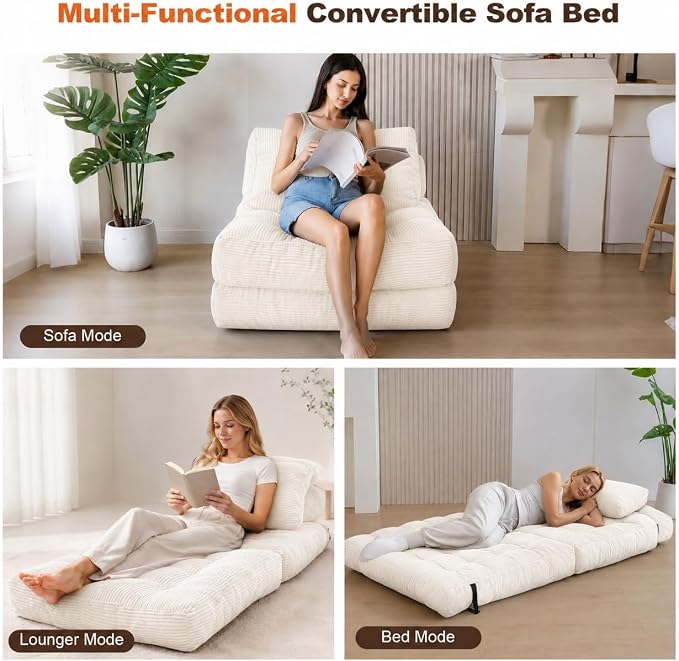 King Oasis Folding Sofa Bed, Corduroy Chair Bed with Pillows | 3-in-1 Fold Out Floor Sofa Couch with Headrest and Lumbar Pillows，for Living Room, Bedroom, Apartment, Dorm, Beige - Image 3
