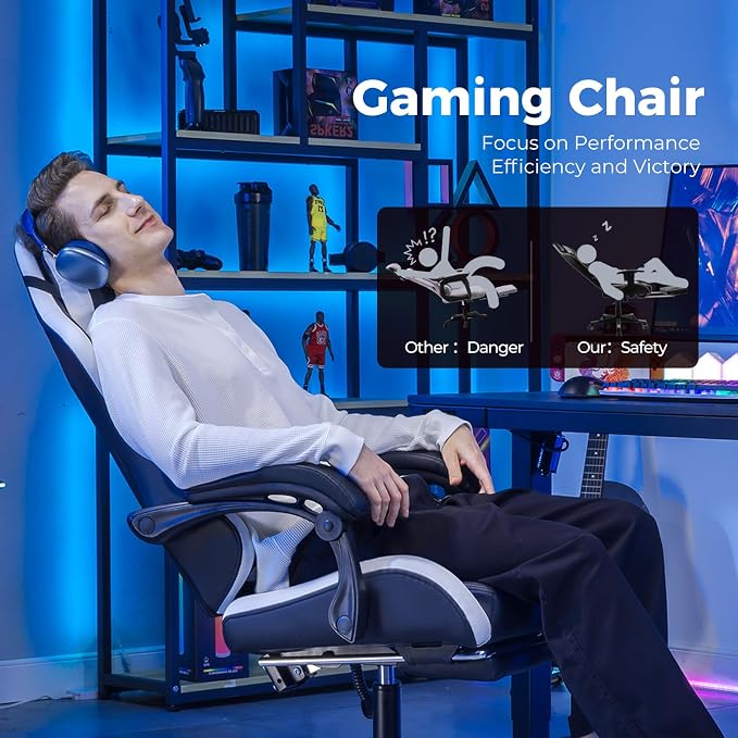 GTPLAYER Gaming Chair with Footrest, Video Game Chairs Racing Style PC Game Chairs 350lbs for Adults - Padded High Back Ergonomic Reclining Silla Gamer, Linkage Armrest,White - Image 5
