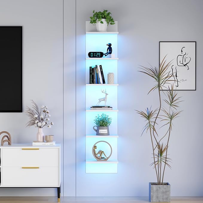 Qupui 6-Tier Wall Shelf with RGB LED, 57" Floating Storage, White by Qupui