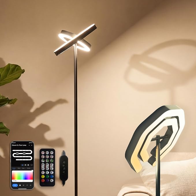 Smart Floor Lamp RGB with Alexa Compatibility, 70.8" LED Standing Lamp with Dual Adjustable Ring Lights, Music Sync, Timer, App & Remote Control, Modern Corner Lamp for Bedroom Living Room Gaming Room by Oizuon