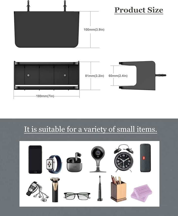 Bedside Wall Shelf Organizer, Small Bedside Shelf, (Black) - Image 3