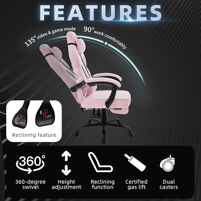 Shintenchi Big and Tall Gaming Chair Fabric Pocket Spring Cushion, High Back Recliner with Footrest and Headrest for Adults, Massage Lumbar Support for Home Office, Ergonomic Computer Desk Chair, Pink - Image 6