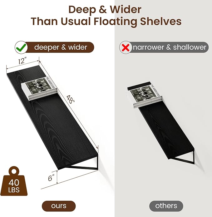 Axeman Floating Shelves for Wall Black- 48 Inch Wide x 12 Inch Deep Wall Shelves Set of 2 - Black Deep Wood Floating Shelves for Living Room Bedroom Laundry Room - Image 4