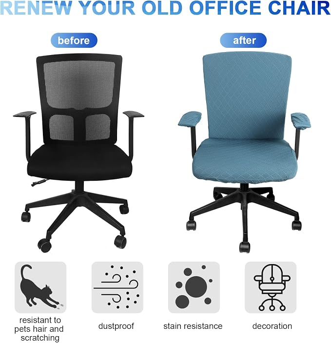 Tallew 4 Pcs Office Chair Covers Set Computer Universal Protective Stretchable Chair Seat Covers Desk Armrest Slipcovers Pads Office Cushion Backrest for Rotating (Azure Blue) - Image 3