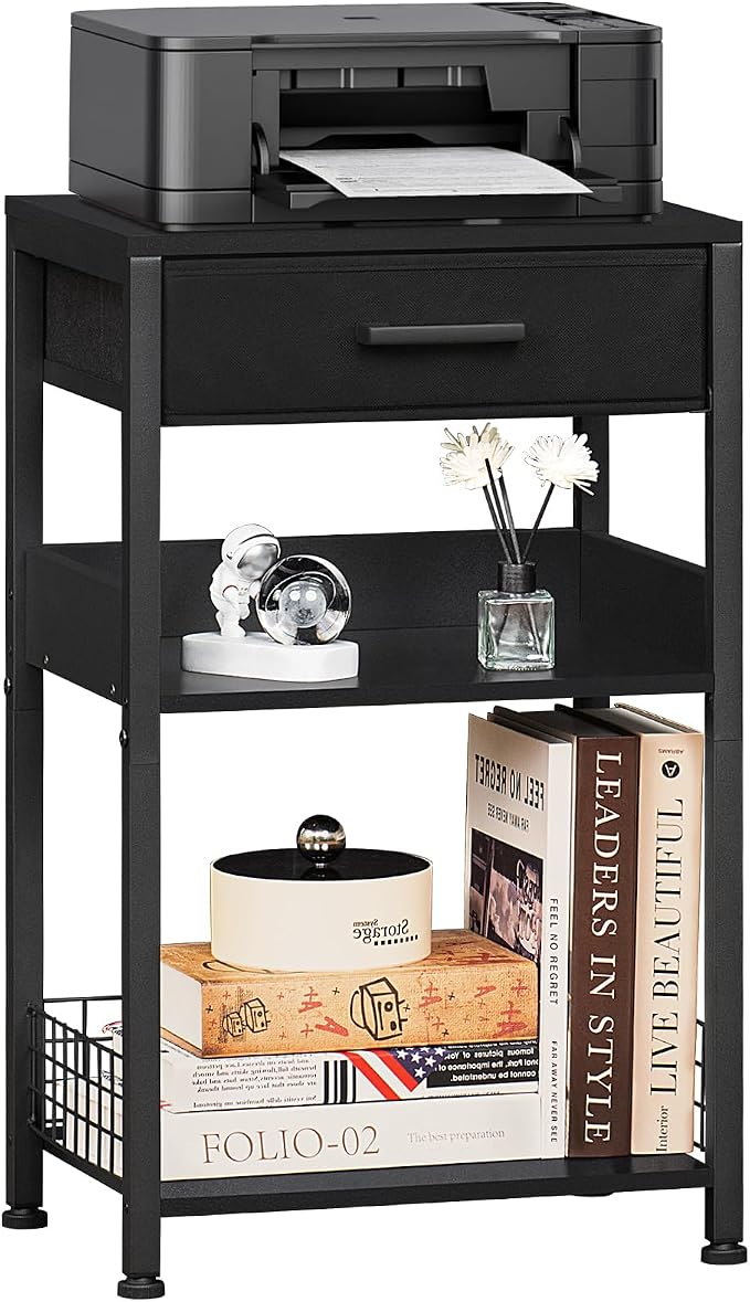 Lerliuo Printer Table with Storage, 3-Tier Printer Stand, Pure Black by Lerliuo
