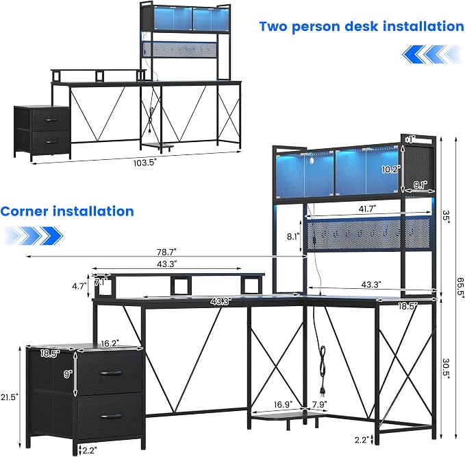 kepptory L Shaped Gaming Desk with 2 Drawers and Hutch, Home Office Computer Desk with Computer Stand and Pegboard, Corner Desk with Printer Desktop&Power Outlet, Black - Image 2