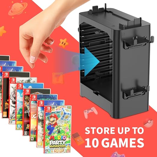 Multifunctional Game Disk Storage Tower for Nintendo Switch/OLED, Organizer Station with 10 Game Case Slot, Controller Stand with 4 Controller Rack Holder and Joy-Con Drawer for Switch Accessories - Image 4