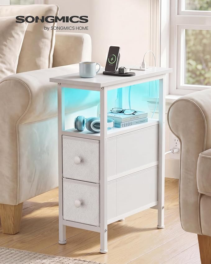 SONGMICS Side Table with LED Light, Narrow End Table with 2 Fabric Drawers - Image 3