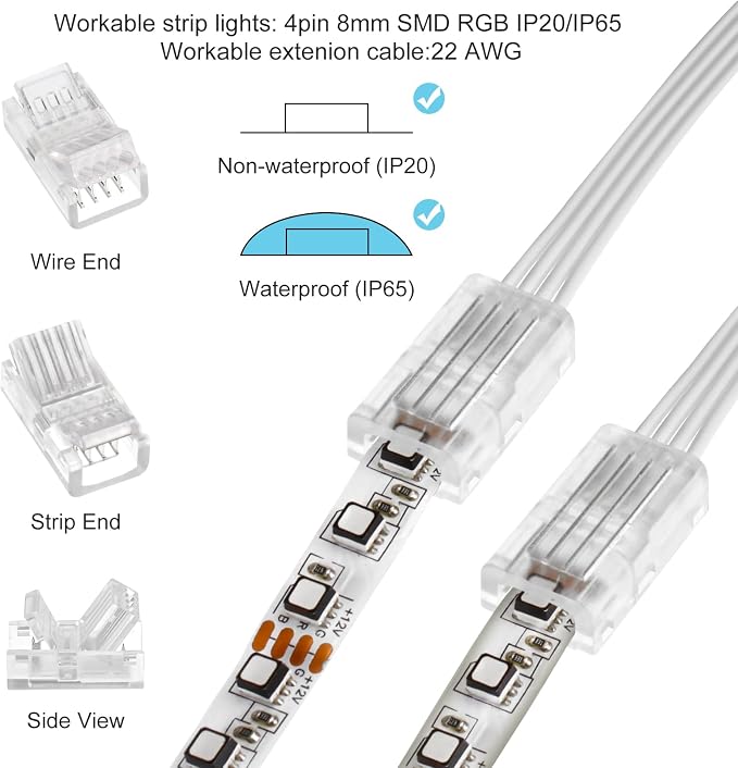RGBZONE 10Pcs 8mm 4 Pin LED Strip Connectors and 32.8ft 4 Pin RGB Extension Cable Strip to Wire Quick Connection for Waterproof or Non-Waterproof 8mm Wide SMD RGB 5050 LED Strip Lights(IP20/IP65) - Image 5