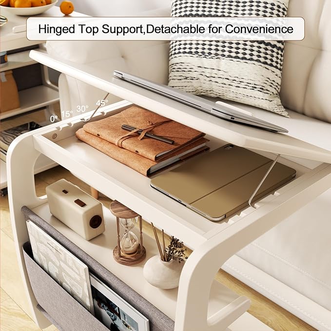 AQIMUELE Rolling Side Table, C Shaped End Table, C Table with 4 Wheels Solid Wood Small Rolling Desk with Adjustable Desktop,C Shaped End Table for Couch,Home Office(15.6" D x 23.6" W x 24.3" H) - Image 2