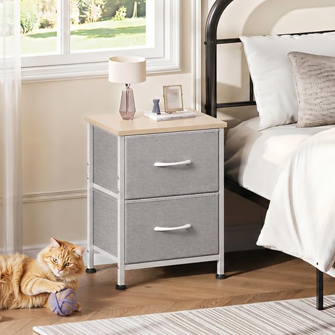 WLIVE Night Stand, Gray Nightstand with 2 Fabric Drawers, Small Dresser for Bedroom, Closet, College Dorm, End Table Side Furniture, Wood Top, Light Grey - Image 2
