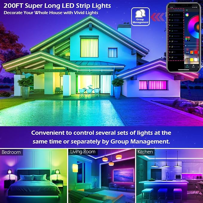 Led Strip Lights,Long Smart Led Light Strips Music Sync 5050 RGB Color Changing Rope Lights,Bluetooth APP/IR Remote/Switch Box Control Led Lights for Bedroom,Home Decoration,Party,Festival (200FT) - Image 3