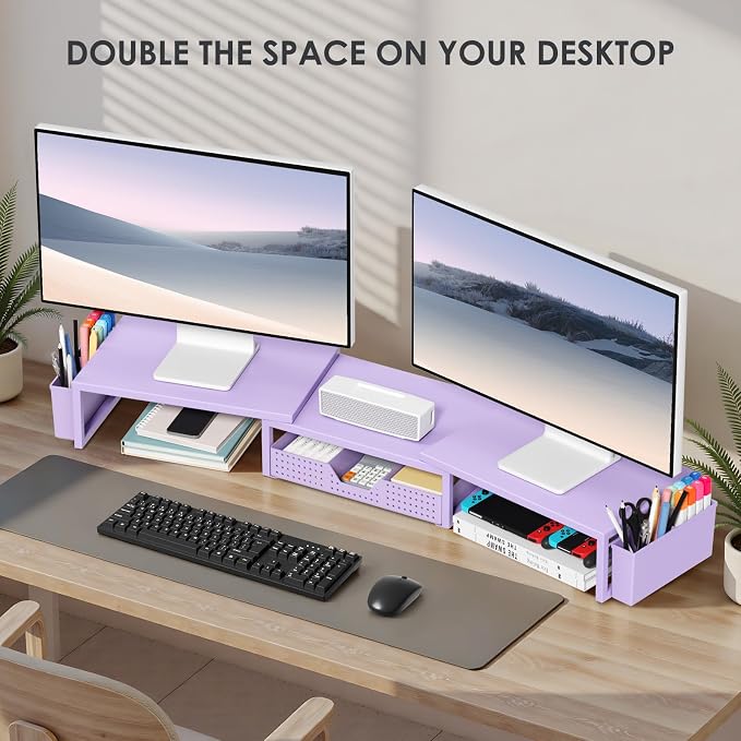 OPNICE Desk Organizers and Accessories, Dual Monitor Stand Riser with Drawer and 2 Pen Holders, Desk Shelf Computer Racks for Office Workspace Organizers, Desktop Organization (Purple) - Image 4