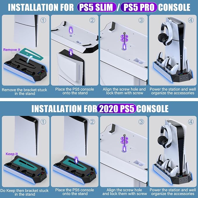 PS5 / PS5 Slim Cooling Station Stand LED with Dual Controller Charging Station for PlayStation 5 Console, PS 5 Accessories Incl. Controller Charger, Cooling Fan, Headset Holder, 3 USB Hub-White&Black - Image 7