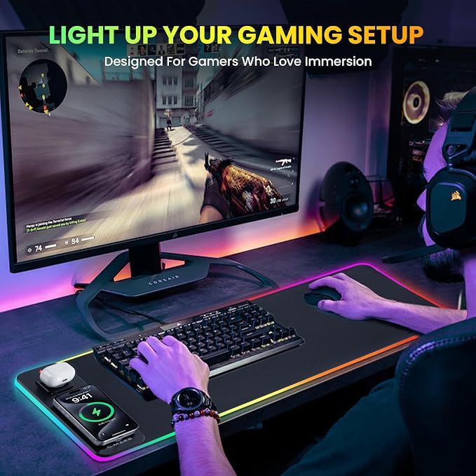 Gimars Upgrade 3 in 1 RGB Mouse Pad with 15W Magnetic Fast Wireless Charging, 31.5x11.8x0.16in Gaming Mousepad, 15 Color Modes, Waterproof Non-Slip XXL Desk Mat with Smooth Surface for Home Office PC - Image 9