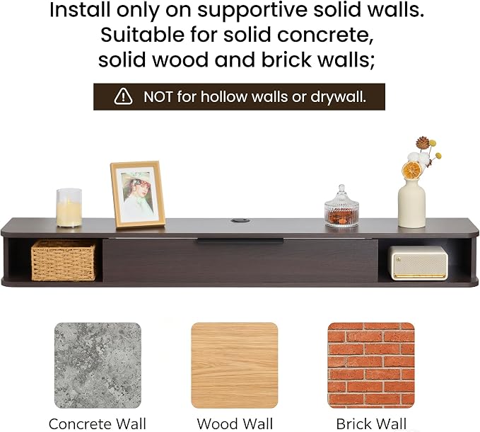 Floating TV Stand, 55" Wall Mounted TV Cabinet, Wood Media Console for TVs up to 65", Entertainment Center with Storage for Living Room, Under TVs Shelf for DVD Player, Coffee - Image 3
