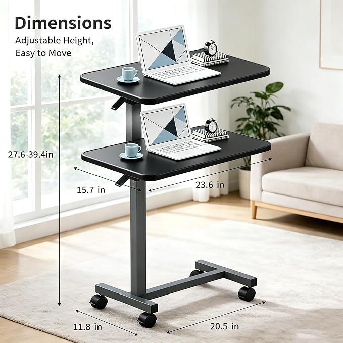 Adjustable Overbed Table with Wheels, Pneumatic Height Lift Rolling Bedside Table, Standing Desk for Home & Office Use, Ideal for Seniors & Limited Mobility (Black) - Image 2