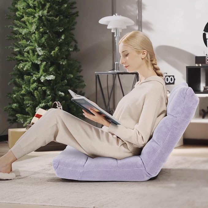 Floor Chair with Back Support, 14-Position Lazy Sofa Chair with Soft Coral Fleece, Folding Floor Gaming Chair, Couch Recliner, Floor Seat for Reading, Meditating, Yoga, Gaming (Light Purple) - Image 2