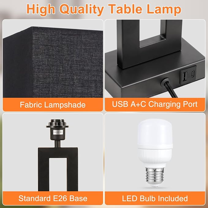Seealle 22" Tall Living Room Lamps for Night Stands - Touch Bedside Lamp with USB C+A, 3 Way Dimmable Bedroom Lamps for End Tables Set of 2, Modern Night Stand Lamps for Bed Side(Black&Black) - Image 5