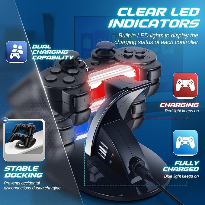 TNP Compatible with PS3 Controller Charger Stand for Sony Playstation 3 Controller compatible with Dualshock 3 Charging, 2 Tier Docking Station Stand and 2 USB PS3 Cable ports with LED Indicators - Image 3