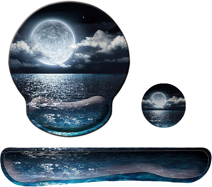 Keyboard Wrist Rest Pad Mouse Pad with Wrist Support Set of 3, Mousepad with Non-Slip Rubber Base, Ergonomic Memory Foam Mouse Wrist Cushion Support for Home Office Laptop Computer, Moonlit Night by LIZPARE