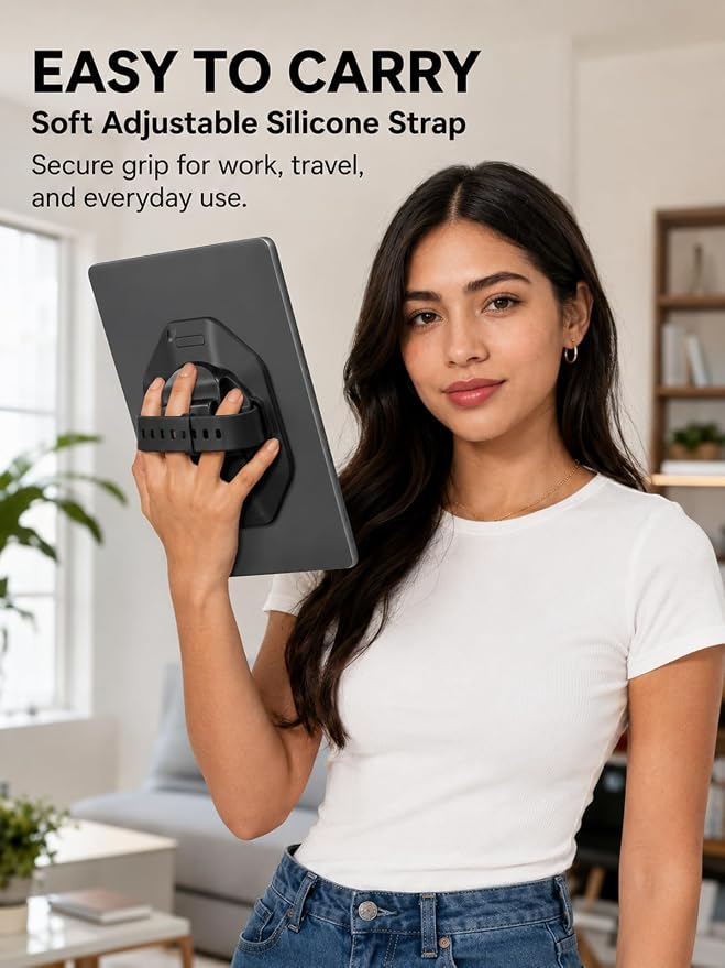 Tablet Hand Strap Holder and 360° Rotating Stand, Black - Image 4