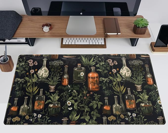 Black Aesthetics Desk Mat Mouse Pad Large Gaming Mouse Pad Desk Pad Mousepad, Mystical Green Plant Computer Laptop Keyboard and Mouse Mat, Desktop Protector Mat for Women Girl Office 31.5x15.8 in - Image 5