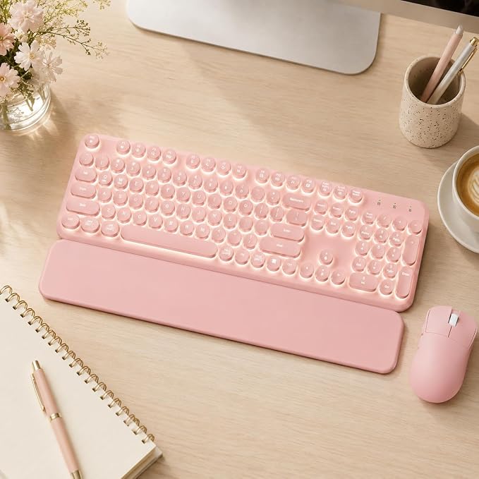 Rechargeable Backlit Wireless Keyboard and Mouse Combo, Retro Typewriter Keyboard with Magnetic Wrist Rest, Light Up Letters, 2.4GHz Cordless Connection for Mac, Windows PC, Laptop (Glowing Pink) - Image 9