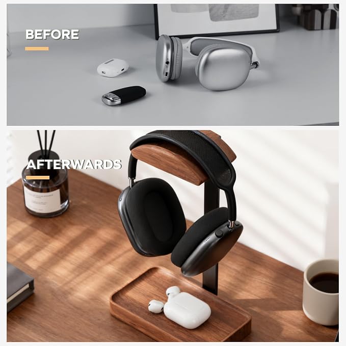 muso wood Walnut Headphone Stand, Wood Headset Stand with Storage Base | Desk Holder for Gaming & Office, Compatible with AirPods Max, Bose, Razer Headsets - Image 7