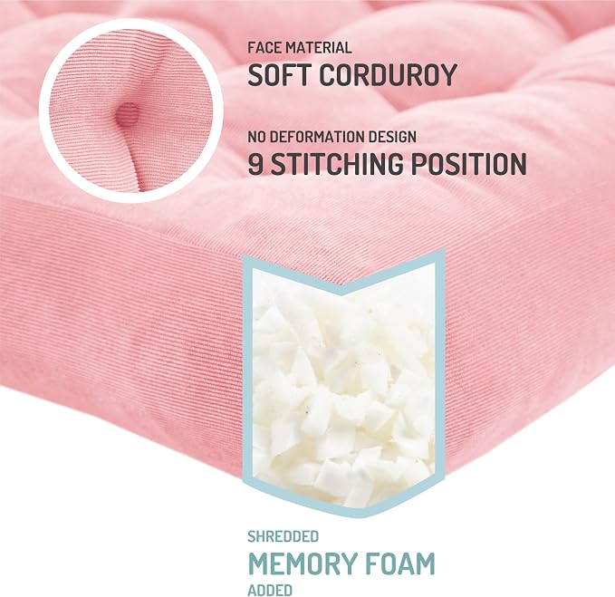 Floor Pillows Set of 2, Large Meditation Cushion for Adults, 22 Inch Square | Reading nook & office use, Tatami seating, Corduroy cover, 3.5 in thick, Shredded memory foam fill, Pink yoga pad - Image 3