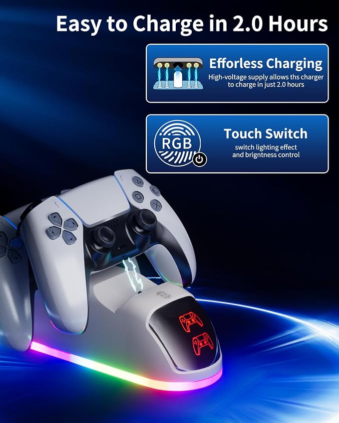 PS5 Controller Charger Station，Upgrade Version with 10 LED Mode & RGB Button, Safe Fast Charging and Overcharge Protection Dock for Dualsense PlayStation 5 Controllers - Image 6