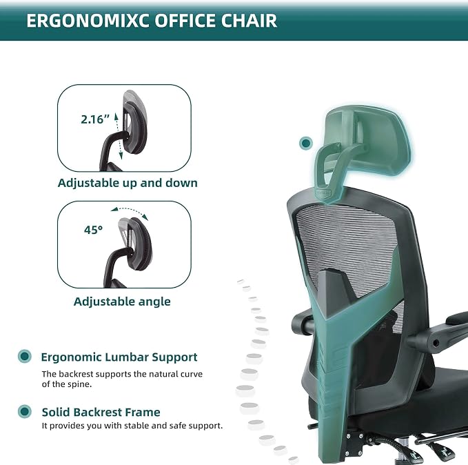 DUMOS Home Office Desk Chair, Gaming Chair with Footrest | High-Back Mesh, 360° Rolling Swivel Wheels, Comfortable Headrest, Lumbar Support, Student, Inky - Image 4