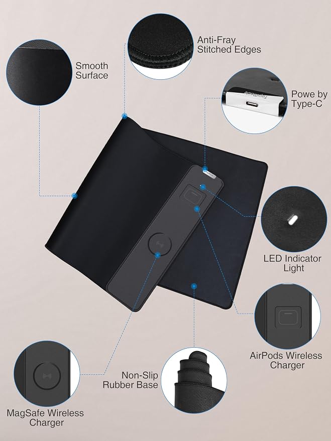 TopMade Mouse Pad with 15W Wireless Charging, Classic Black Desk Mat | Gaming Mousepad Home Office Large Desk Pad with Ultra-Smooth Surface, Non-Slip Base, Waterproof Keyboard Pad - Image 6